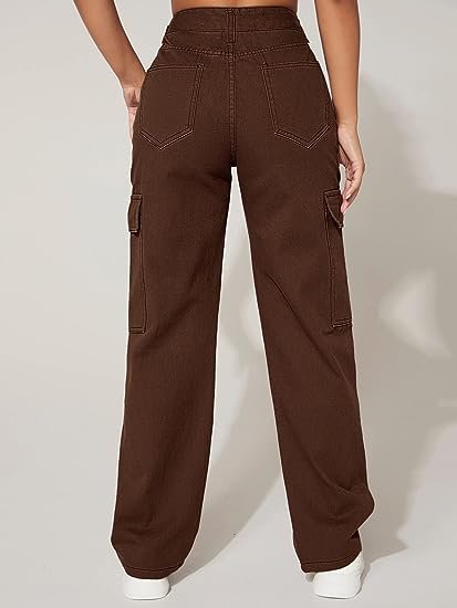 Women's Cargo Jeans High Waist Flap Pocket Straight Leg Denim Pants