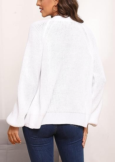 Women's V Neckline Button Down Knitwear Lantern Sleeve Basic Knit Cardigan Sweater