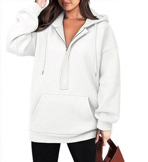 Womens Oversize Hoodies Basic Solid Sweatshirts Long Sleeve Pullover Tops Zip Collar with Kangaroo Pockets