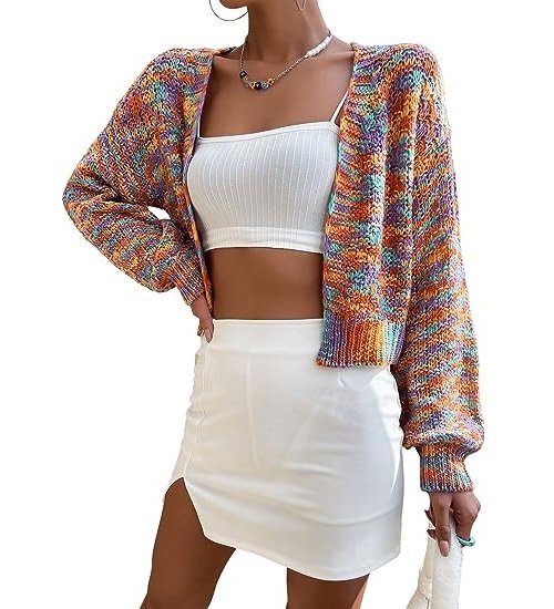 Women's Color Block Long Sleeve Open Front Cardigan Sweater Knit Crop Top