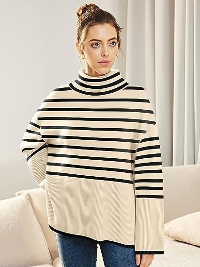 Women's Fall Oversized Turtleneck Trendy Sweaters Ribbed Knit Pullover Sweater Top with Slit
