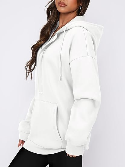 Womens Oversize Hoodies Basic Solid Sweatshirts Long Sleeve Pullover Tops Zip Collar with Kangaroo Pockets