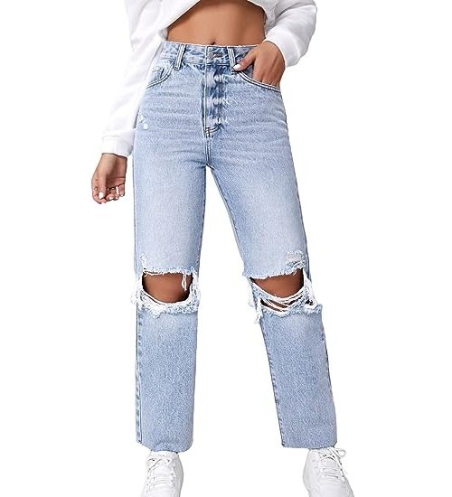 Women's High Waist Straight Leg Ripped Jeans Distressed Denim Pants