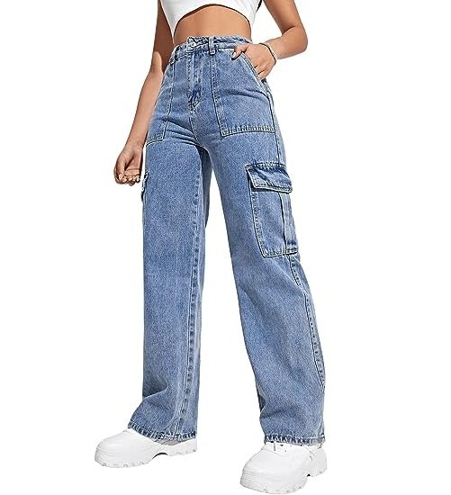 Women's High Waist Cargo Jeans Flap Pocket Wide Leg Denim Pants
