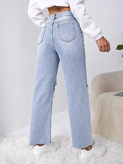 Women's High Waist Straight Leg Ripped Jeans Distressed Denim Pants