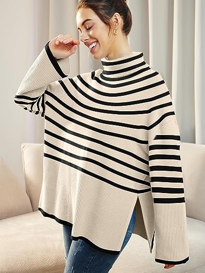 Women's Fall Oversized Turtleneck Trendy Sweaters Ribbed Knit Pullover Sweater Top with Slit